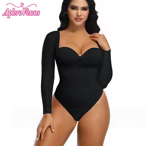 Women's Seamless Long Sleeve Bodysuit Back Lace-up Thong Shapewear Crew Neck Bust Support Slimming Waist Trainer Body Shaper
